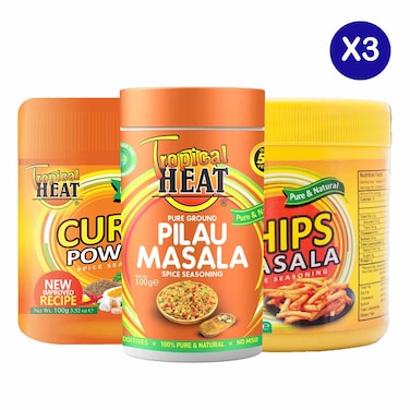 Tropical Heat Pilau Masala + Chips Masala + Curry Powder 100G