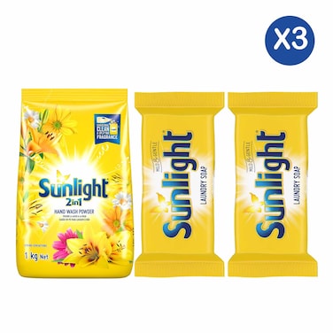 Sunlight Powder Detergents Eden Yellow 1Kg + 2 Sunlight Yellow Detergent Soap 175g
