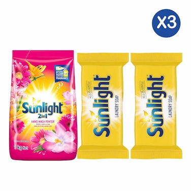 Sunlight Powder Detergents Eden Pink 1Kg + 2 Sunlight Yellow Detergent Soap 175g