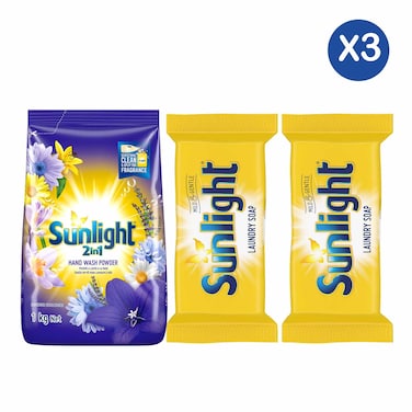 Sunlight Lavender Powder 1Kg + 2 Sunlight Yellow Detergent Soap 175g