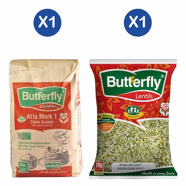 Butterfly Flour Atta Red 2Kg + Butterfly Mungdal Split Green Grams 1Kg