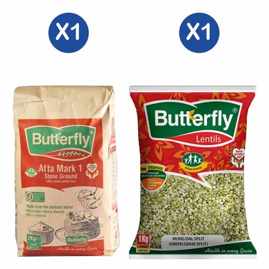 Butterfly Flour Atta Red 2Kg + Butterfly Mungdal Split Green Grams 1Kg