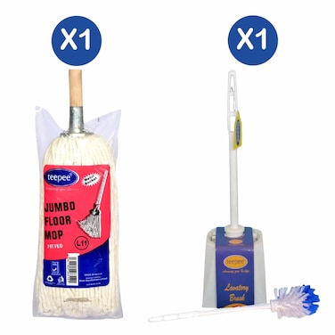 Teepee Jumbo Metal Mop With Handle + Lavatory Brush Bowl Set