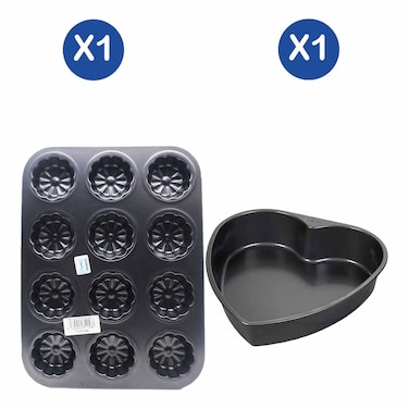Non Stick 12 Pieces Muffin Tray + Non Stick Heart Cake Baking Tray

