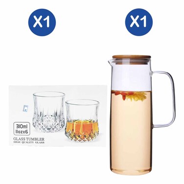 G-horse Glas Tumbler 6Pc Bm870711 + Glass Jug With Bamboo Lid