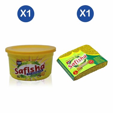 Safisha Dishwashing Paste Lemon 400G + Safisha Scourer Sponge Gold Pack Of 1