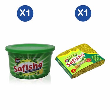 Safisha Dishwashing Paste Lime 400g + Safisha Scourer Sponge Gold Pack Of 1