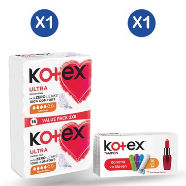 Kotex Mini Tampons 16pcs + Kotex Female Pads Duos Normal 16pcs