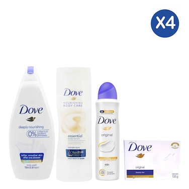 Dove Bodywash Deep Nourish 750ml + Dove Original White Bar 135g + Dove Body Lotion Essential Nourishing 400ml + Dove Origin Antipersperant Spray 150ml