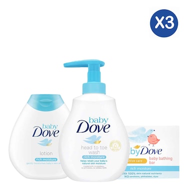 Dove Baby Head To Toe Wash Moist 200ml + Baby Dove Rich Moisture Bathing Bar Soap 90g + Dove Baby Rich Moisture Lot 200ml