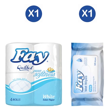 Fay White Toilet Rolls X4 + Fay Pure Wet Wipes 10s