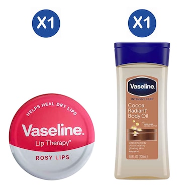 Vaseline Cocoa Radiant Body Oil 200ml + Vaseline Lip Balm Therapy Rosy 20g