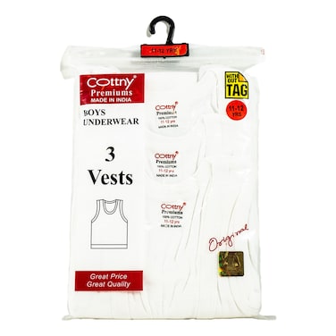 Cottny Boys' White Ribbed Vests 3-Pack, 9-16 Years
