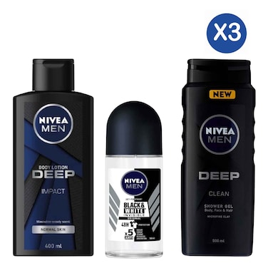 Nivea Deep Lotion 400ml + Deo Invisible Black &amp; White 50ml + Deep Shower Gel Men 500ml