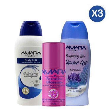 Amara Body Milk Lotion + Pampering Lilac Shower Gel + Deo Trio