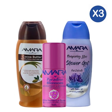 Amara Cocoa Lotion + Pampering Lilac Shower Gel + Deo Trio