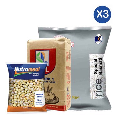 KPL Atta Mark 1 Wheat Flour 2kg + Guru Special Basmati Rice 5kg + Nutrameal Yellow Beans 1kg
