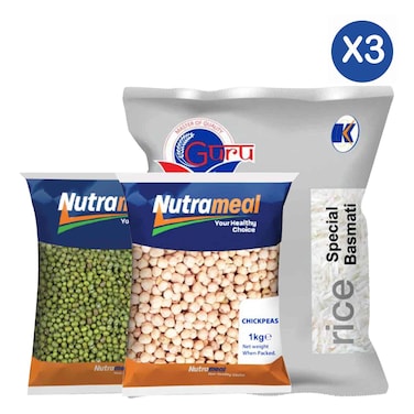 Nutrameal Green Grams Polished 1kg + Nutrameal Regular Chick Peas 1kg + Guru Special Basmati Rice 2kg