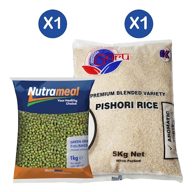 Guru Premium Blend Pishori Rice 5kg + Nutrameal Green Grams Polished 1kg