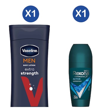 Vaseline Men Body Lotion Extra Strength 400ml + Rexona Roll On Active Men 50ml