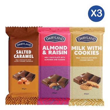 Dairyland Salted Caramel, Almond and Raisin &amp; Milk and Cookies Chocolate Bars 80g &times;3