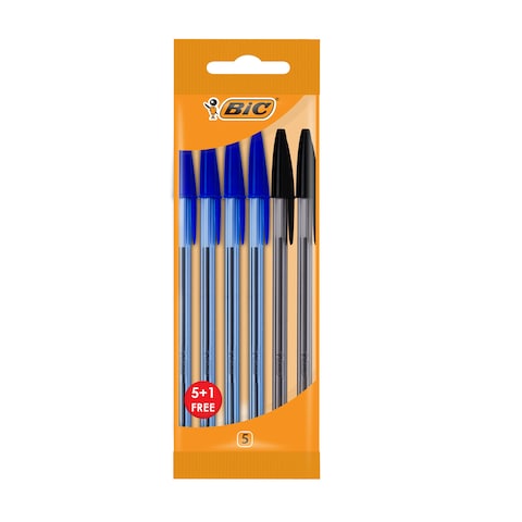 BIC Cristal  Ballpoint Pens Medium Point (1.0 mm) - Assorted, Pouch (5 +1 FREE) (4Blue:2 Black)