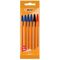 BIC Orange Fine Ballpoint Pens Fine Point (0.8 mm) - Assorted, Pouch (5 + 1 FREE )  ( 4: Blue 1: Black 1: Red)