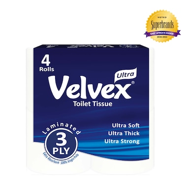 Velvex 3 Ply Toilet Rolls White 4 Pack