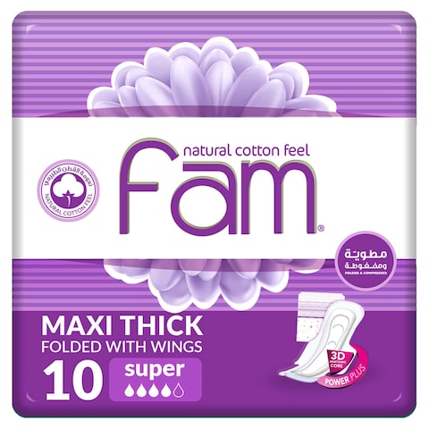 Fam Classic With Wing Natural Cotton Feel Maxi Thick Super Sanitary Pads 10 Pieces