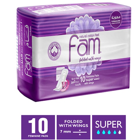 Fam Classic With Wing Natural Cotton Feel Maxi Thick Super Sanitary Pads 10 Pieces