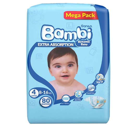 Sanita Bambi Size 4 Large 8-16Kg Mega Pack Diapers 80 Pieces