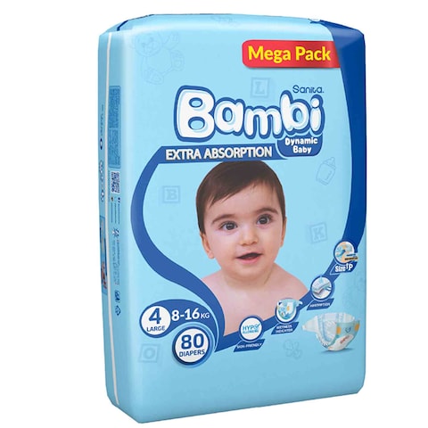 Sanita Bambi Size 4 Large 8-16Kg Mega Pack Diapers 80 Pieces