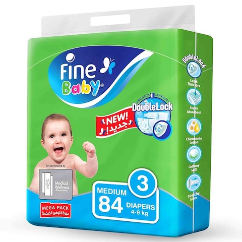 Fine Baby Diapers, DoubleLock Technology, Size 3, Medium 4 ndash 9kg, Mega Pack of 84 diapers