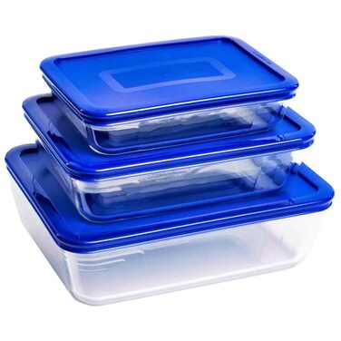 Pyrex 3-in-1 Rectangular Glass Baking Dish Set - 1.5L, 0.8L, and 2.6L with Lid,Blue