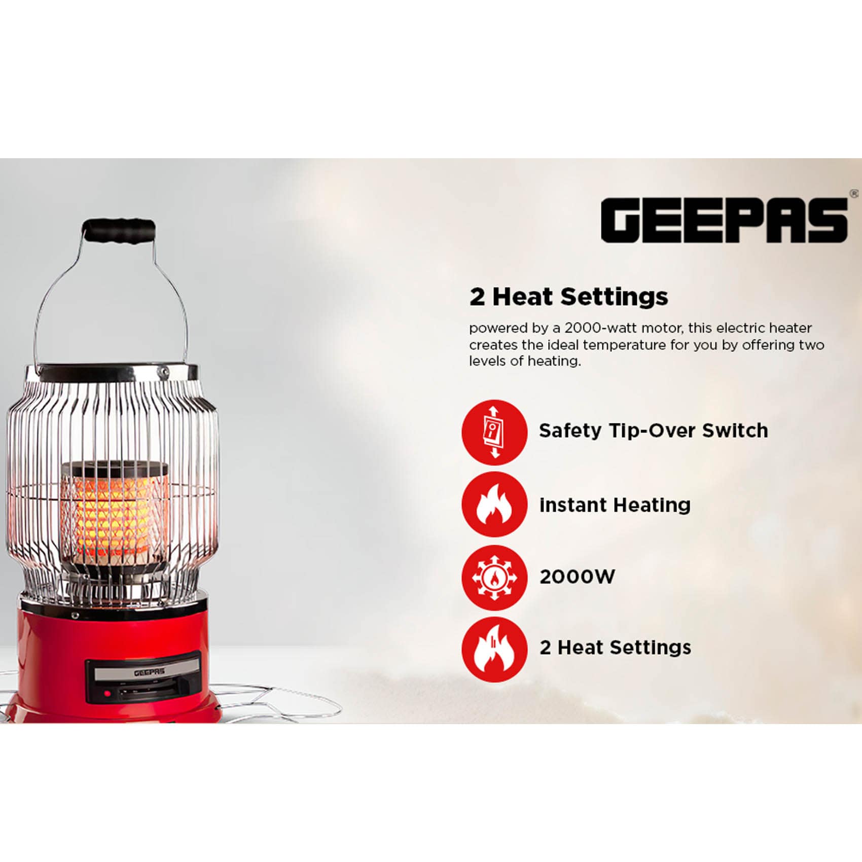 Geepas 2000w Convection Heater Geepas Fan Heater, 2000 Watt-(White