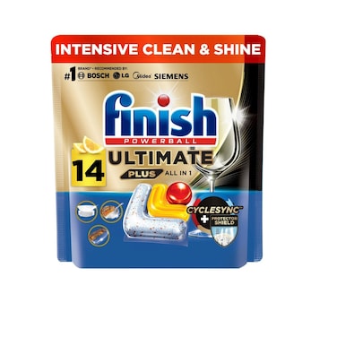 Finish Ultimate Plus Dishwasher Tablets, Lemon Scent, 3x More Cleaning Power, 14 Tabs