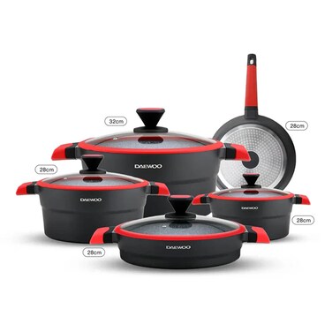 Daewoo Ts Series Non-Stick Granite Coating Cookware Set Of 9 - Black &amp; Red