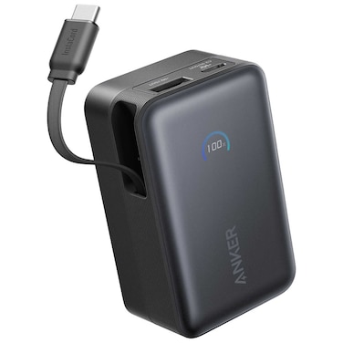 Anker Nano Power Bank, 10,000mAh Portable Charger with 2.3 ft InstaCord Retractable Cable, 45W Max Compact Battery Pack, Smart Display,A1638H11 Black