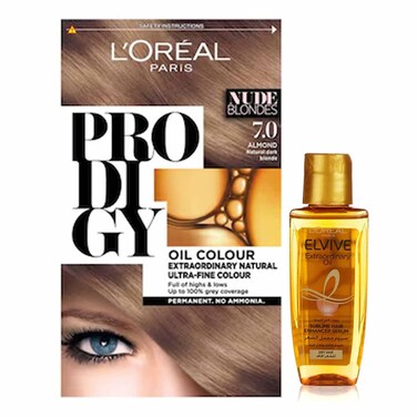 Loreal Paris Prodigy Permanent Oil Hair Color Almond 7 + Elvive Extraordinary Oil