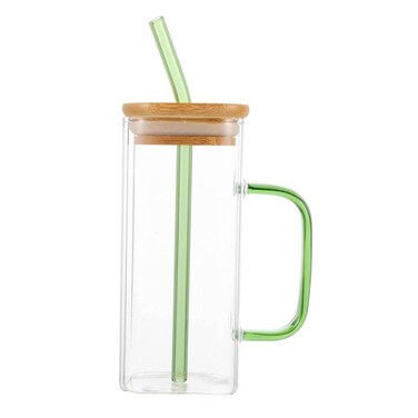 Square Glass Cup 400ML With Lid + Colored Straw