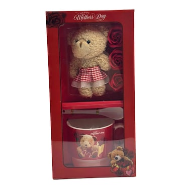 Red Mug With Teady And Flowers