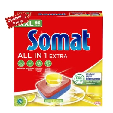 Somat Auto Dishwashing Lemon 63 Tablets 1KG Special Price