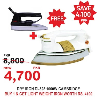 Cambridge DI-328 Dry Iron 1000W
(BUY 1 &amp; GET Light Weight Iron Worth RS. 4100)