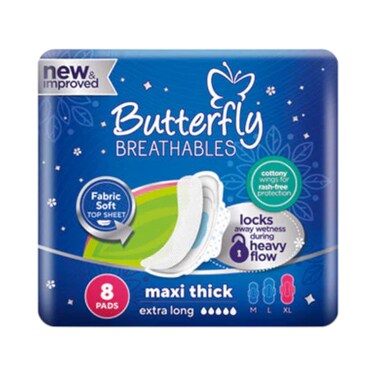 Butterfly Breathables Maxi Thick Sanitary Napkins Extra Large 8 pcs