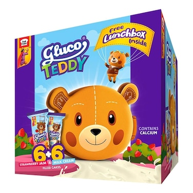 Gluco Teddy Milk &amp; Strawberry Jam With Free Lunch Box 372g