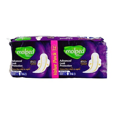 Molped Maxi Thick Advanced Leak Protection Pad With 3D Barrier Extra Long Value Pack 14Pc