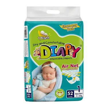 Diapy Diaper Size 1 New Born (2 - 5kg) 52Pcs