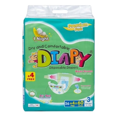 Diapy Diaper Size 3 Medium (4 - 11kg) 60Pcs