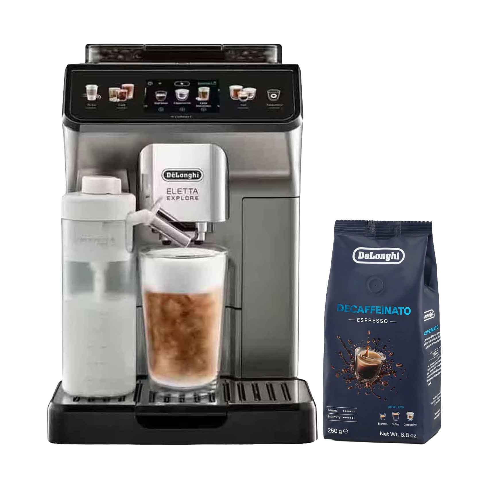 Delonghi Coffee Machine Eletta With Latte Cream Hot And Cool Technology Ecam450.86 Titanium + Free 250G Delonghi Coffee Beans