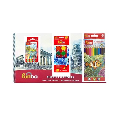 Funbo Crayons 6 Pieces, Water Colours 12 Pieces, Colouring Pencil 12 Pieces, Sketch Pad A4 20 Sheets